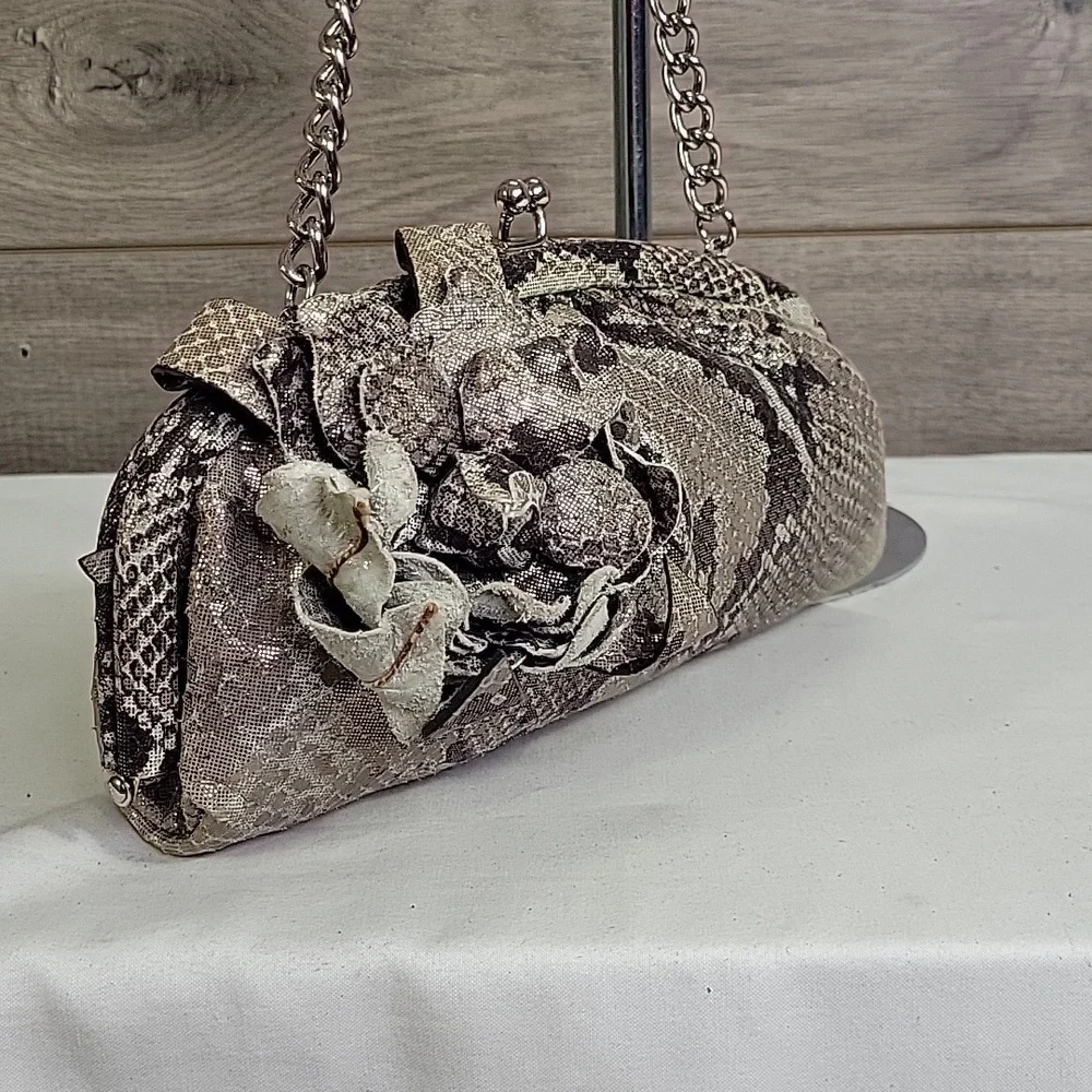 Isabella Fiore Metallic Snakeskin Pattern Clutch with Chain Strap